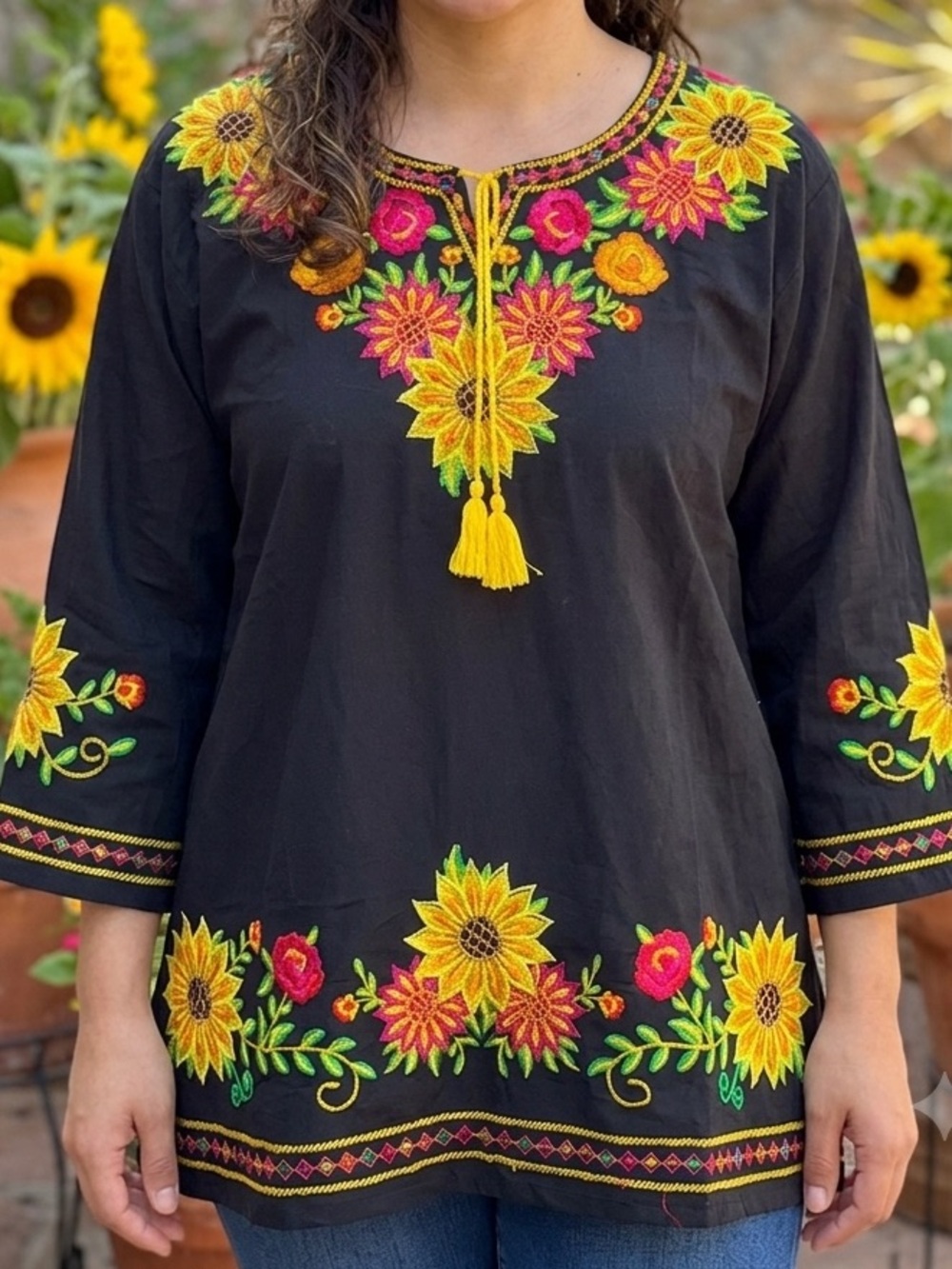 Black Women's Embroidered Sunflower Tunic Top - Yellow & Pink Accents